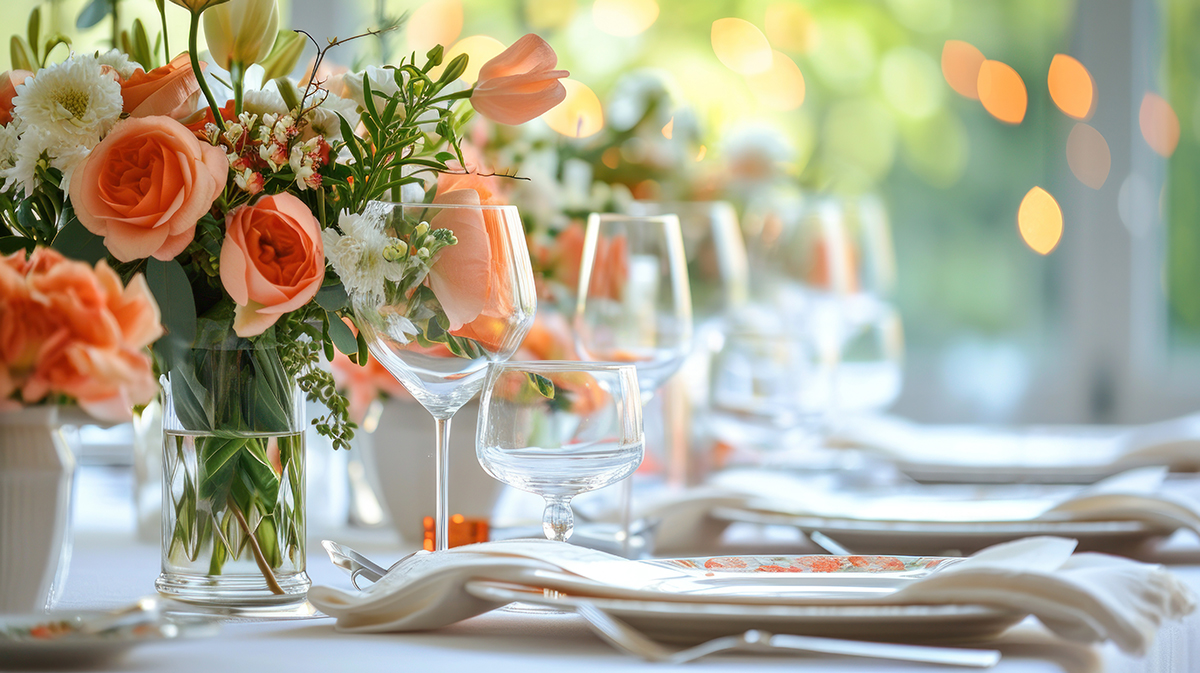 Color-coordinated tableware and centerpieces set the mood for celebration with copy space .